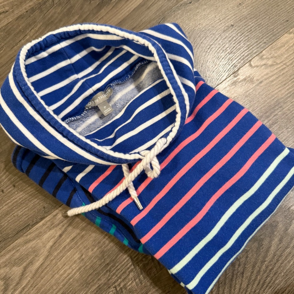 T by Talbots Funnel‎ Neck Striped Sweatshirt Blue Pink Petite P Pullover Pocket